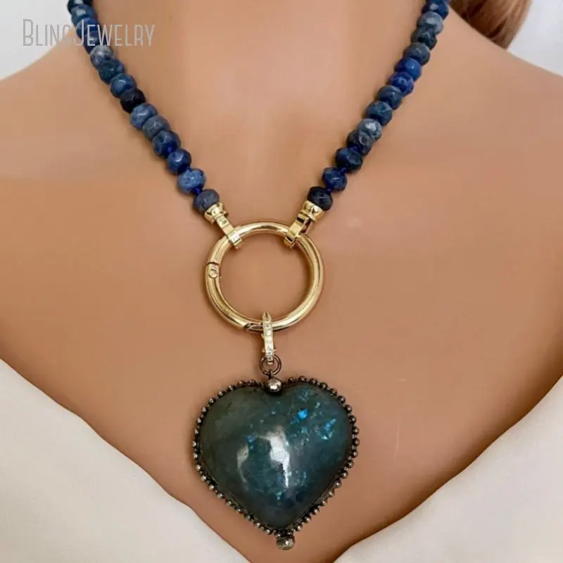 

Natural Stone Lapis Lazuli Rondelle Labradorite Heart Pendant Choker Spring Lock Clasp Necklace Jewelry Gift Women Collares