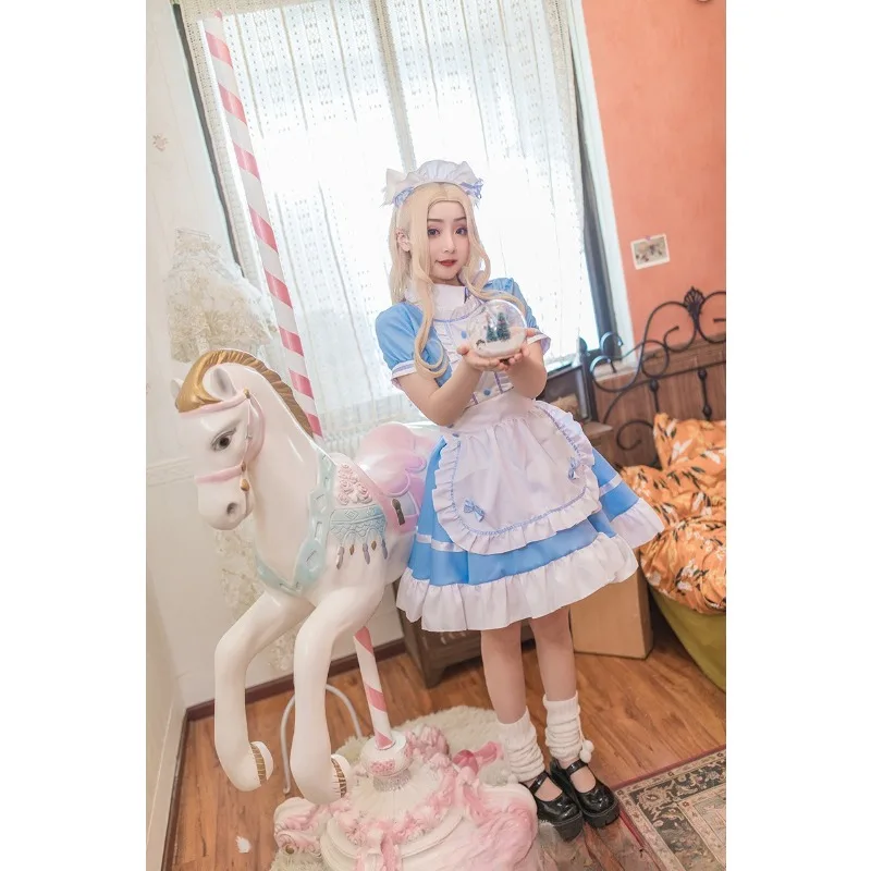 

S-3XL Blue Anime Lolita Maid Outfit, Cute Japanese Long Dress, Women Cosplay Costume for Isekai Role Play, Cafe Working Uniform