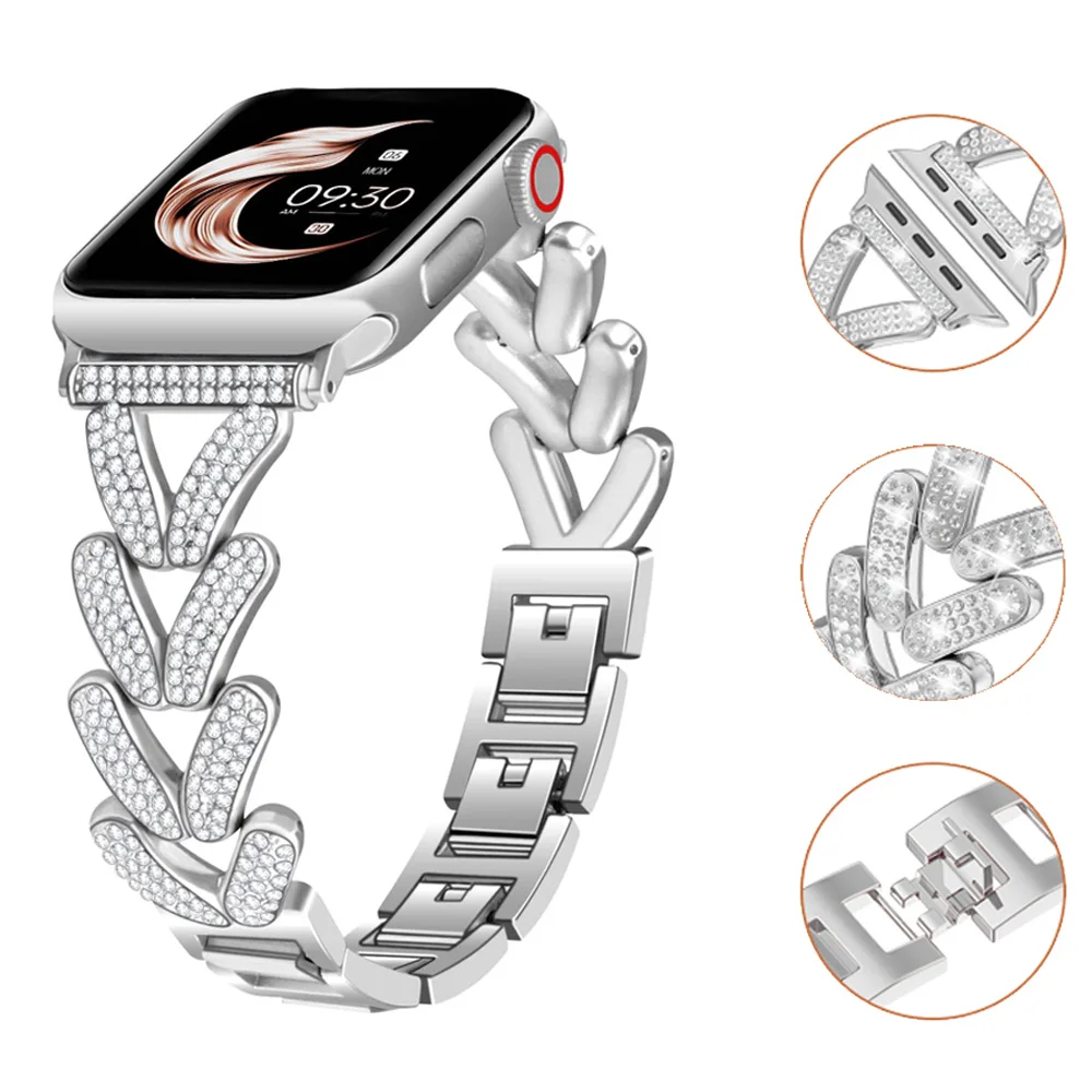 Diamond Strap for Apple Watch band 40mm 44mm 41mm 42mm 45mm 38mm 49mm 46mm Metal Bracelet iwatch series se ultra 2 7 6 3 5 8 9 4