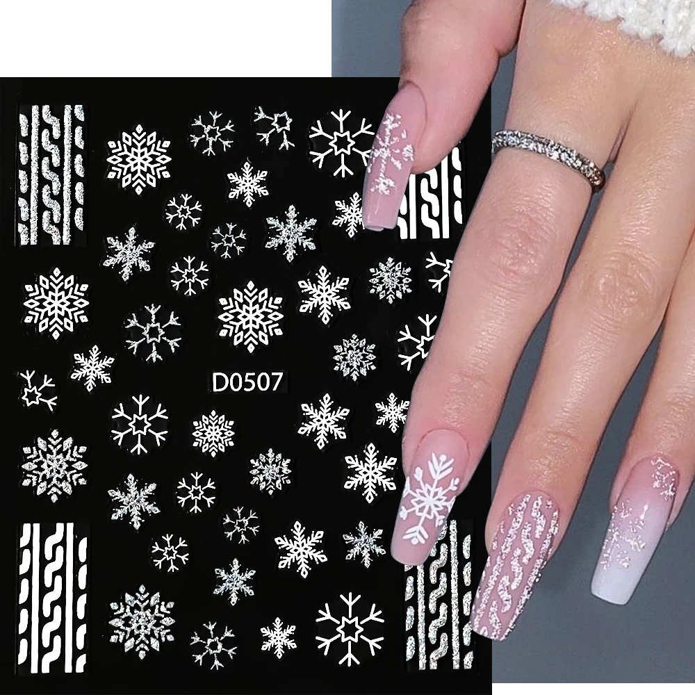 Autocollants pour ongles lignes françaises/flocon de neige 5D, 1 pièce, autocollants festifs de noël pour Nail Art, paillettes scintillantes, motifs de flocons de neige, décor de manucure