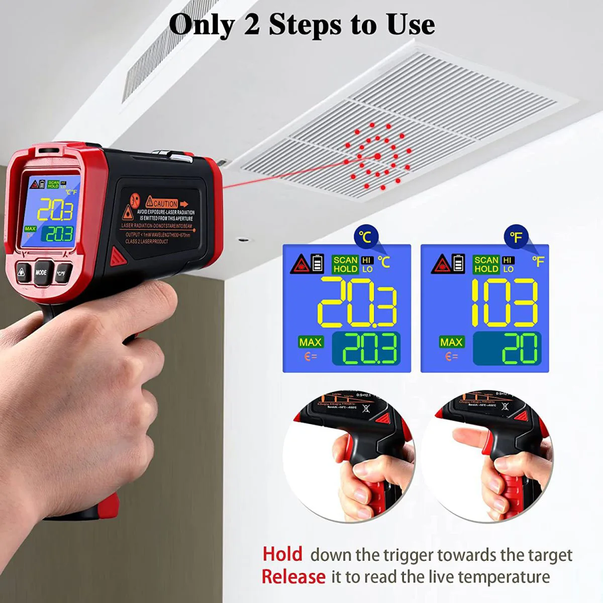 13-Point Laser Infrared Thermometer NonContact Temperature Gun Color Backlit Display 600°C High Temperature Emmissivity Adjusta