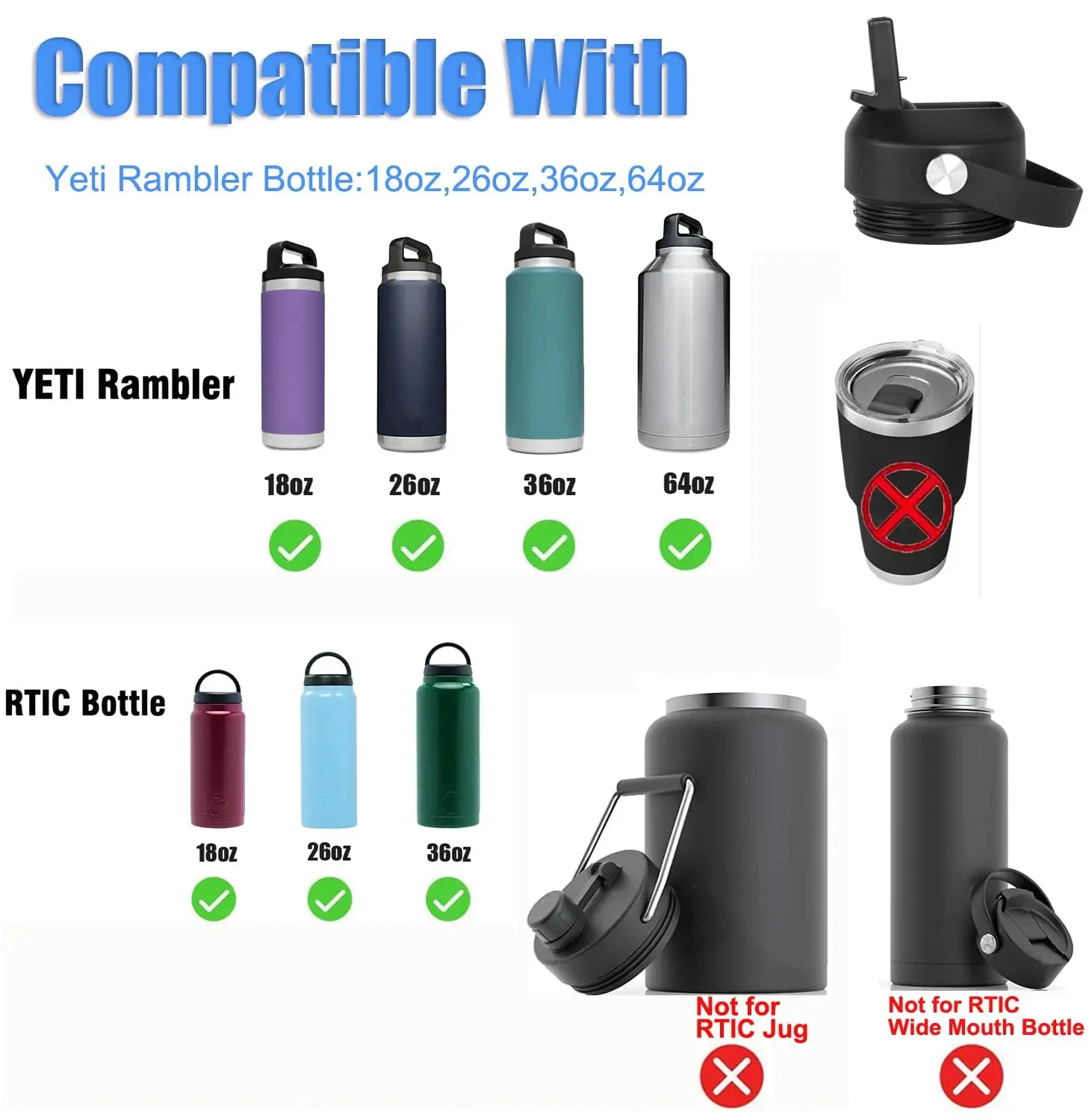 Straw Replacement Lid For Yeti RTIC Water Bottle 18 26 36 64 Oz With 2 Straws And Brush Flexible Handle view 4