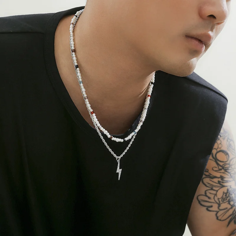 Unisex Pearl and Bolt Layered Necklace Multi Strand Beaded Chain CZ Pave Thunder Pendant Gender Neutral Non-Binar