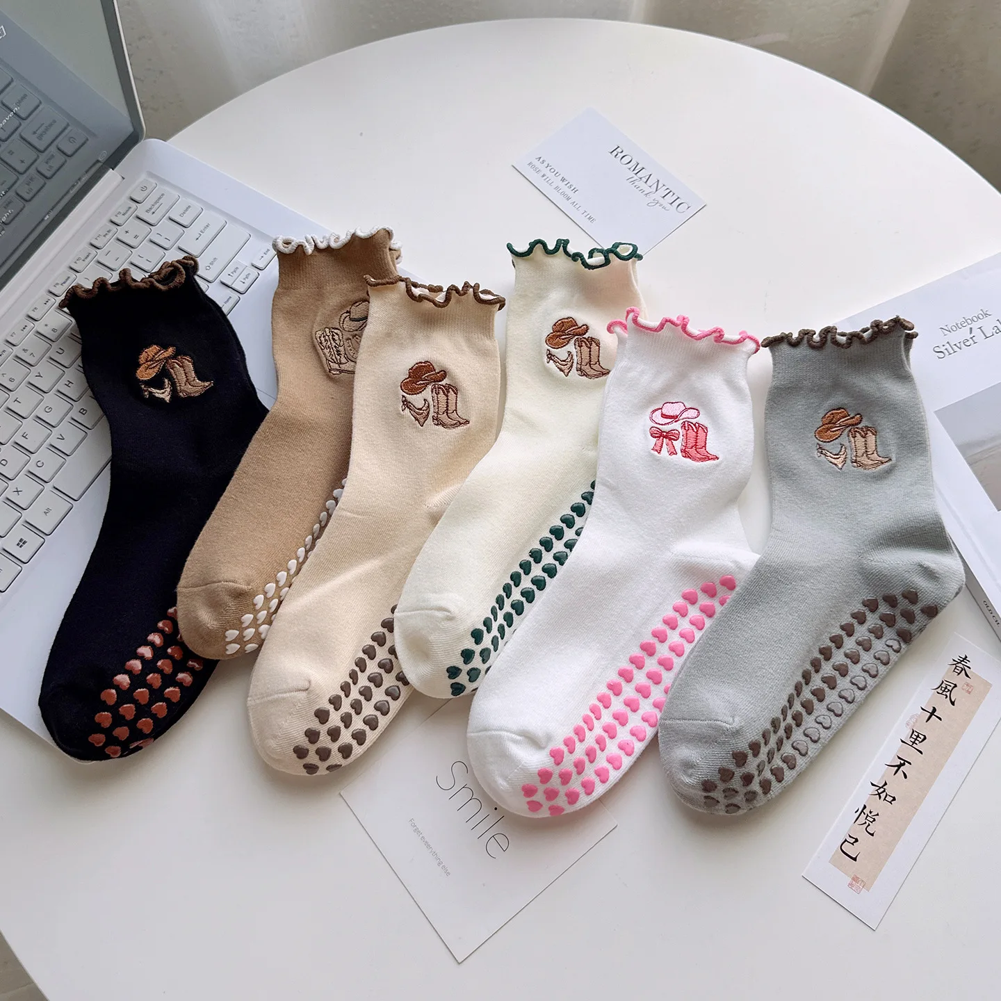 1Pair Pilates Socks Women Cotton Embroidered Lettuce-Edge Heart Silicone Non-slip Grip Crew Yoga Socks