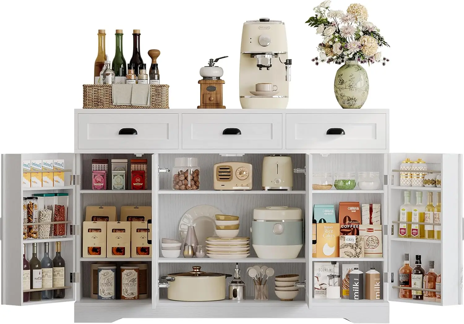 خزانة مع مساحة تخزين، خزائن جانبية مع 4 أبواب، خزانة تخزين المطبخ مع 6 أرفف قابلة للتعديل، بار قهوة حديث