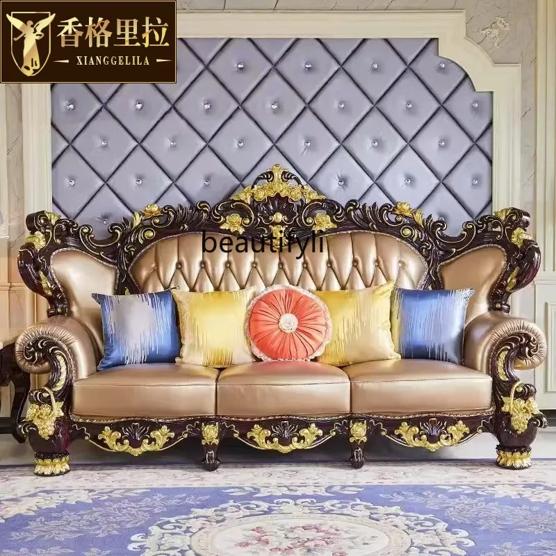 

European leather sofa retro living room red sandalwood carving flower combination leather sofa