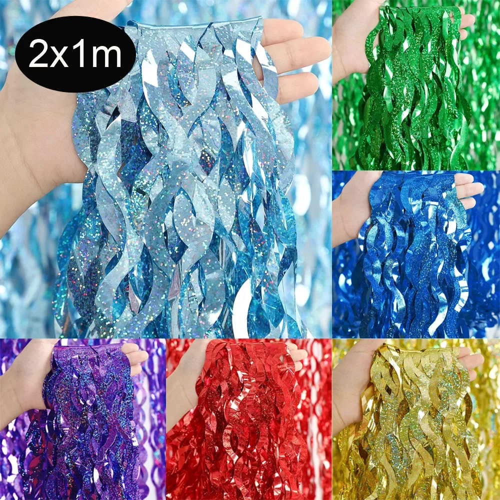 

Glitter Tinsel Foil Fringe Curtains Blue Purple Metal Foil Fringe Backdrop Wall Curtains for Baby Shower Mermaid Party Backdrop