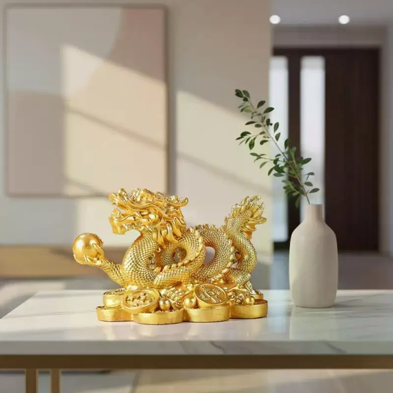 Auspicious Resin Golden Dragon Ornament, Feng Shui Craft Decoration for Living Room, Office & Wine Cabinet