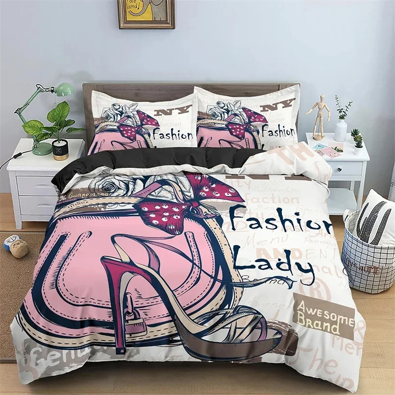 Fashion Woman Cosmetics Bedding Set Bedclothes Female High-heeled Shoes Duvet/Quilt Cover King Queen Single Size Home Textile