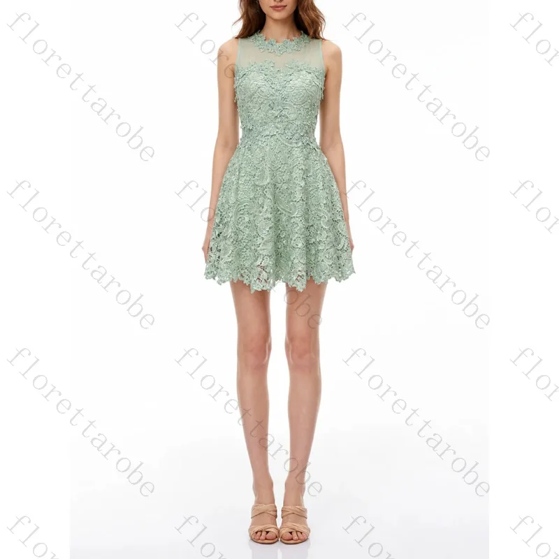 Customized High Neck Sleeveless Rhinestone Lace Mini Dress Sheer Mesh Patchwork A Line Zipper Back Short Elegant Cocktail Dress