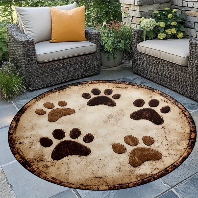Vintage Dog Paw Print Round Area Rug For Living Room Bedroom