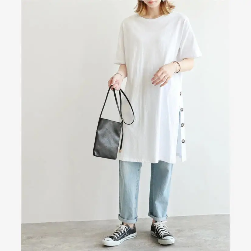 Summer New Loose Long T-shirt Side Split Single Button Dress Cute Style Casual Loose Fit Maxi Dress for Women