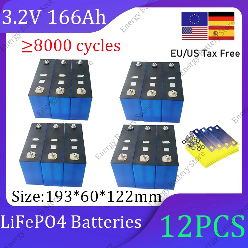

12 шт. 3,2 В 166 Ач 170 Ач Lifepo4 аккумулятор большой емкости DIY 12 В 24 В 36 В 48 В подходит для скутера, яхты, аккумулятор для солнечной энергии