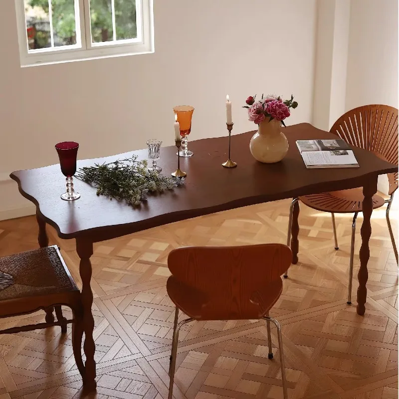 French retro petal teak solid wood dining table rectangular log desk table living room home