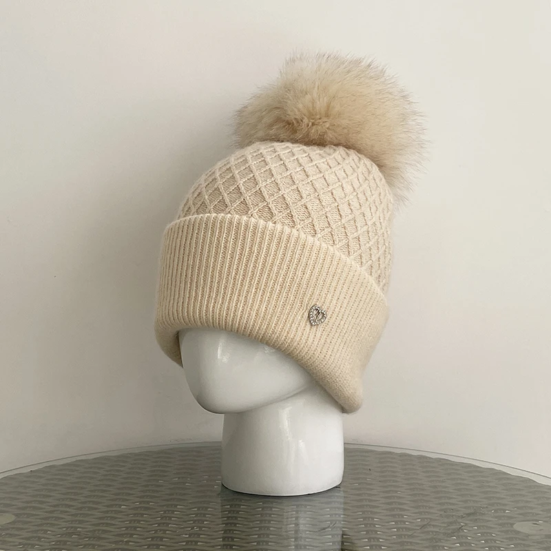 

Angora Hat Women Knit Beanie Pompom Of Real Fox Warm Accessory For Skiing Autumn Outdoor Climb Luxury