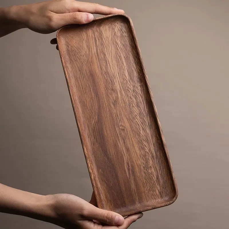Acacia Wood Rectangular Serving Tray, Natural Solid Wood Tea Tray Japanese Style Multi‑Purpose Tray for Tea Dim Sum Candy Snack