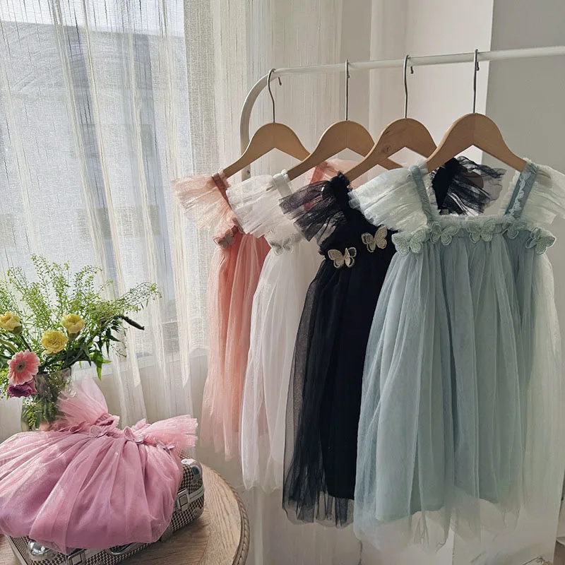 Girls Mesh Tulle Princess Slip Tutu Dresses Kids Sweet 3D Butterfly Mermaid Birthday Dress 1-6T Children Princess Dress