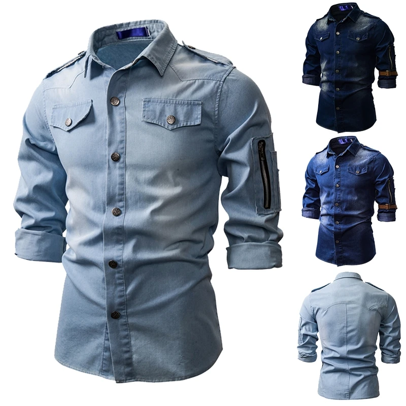 Chemise en denim à col rabattu pour hommes, chemise boutonnée multi-poches, mince, manteau mince, vêtements pour hommes, mode décontractée, nouveau,