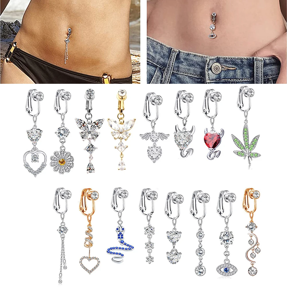 Fake Belly Piercing Dangling Long Faux Fake Belly Button Pircing Zircon Butterfly Clip On Umbilical Navel Cartilage Earring Clip