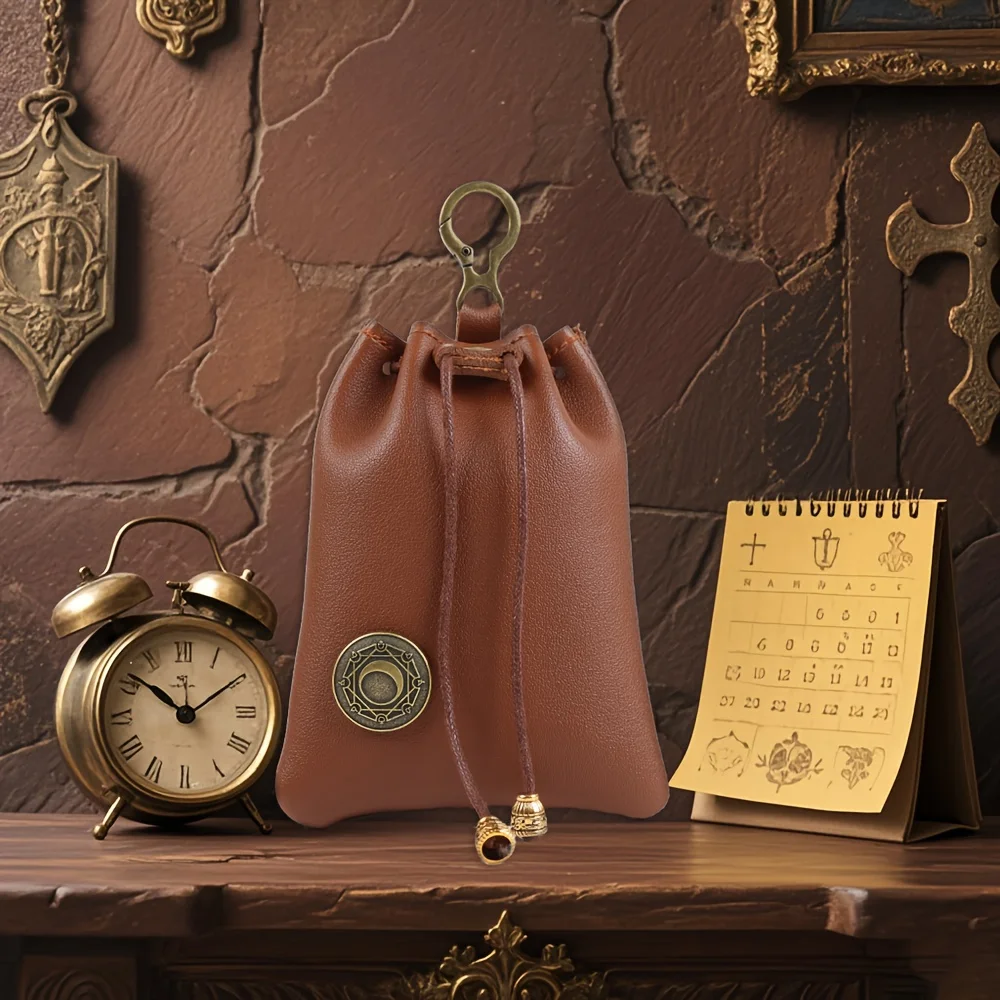

Medieval Leather Wallet, Retro Drawstring Wallet Key Chain Coin Organizer