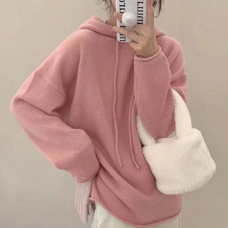 

2025 Hemmed New Wool Knitted Hoodie Autumn And Winter Sweater Loose Pullover Long Sleeve Coat Bottoming