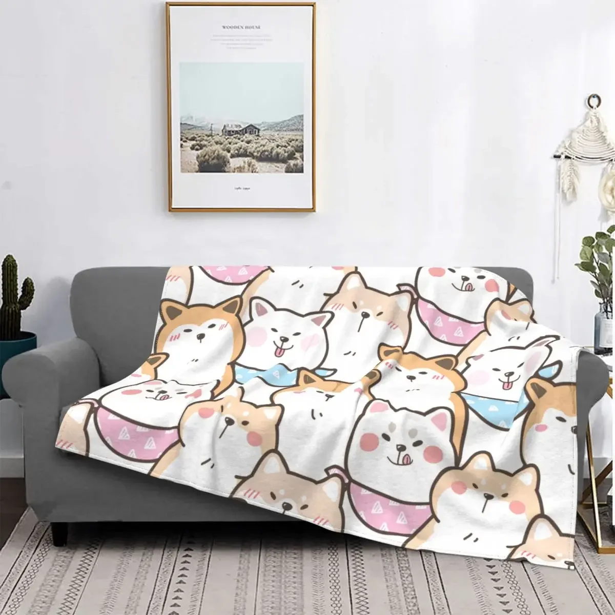 Cute Cartoon Shiba Inu Akita Dog Blankets Gift for Animal Dog Lover Plush Vintage Breathable Throw Blankets for Home Winter