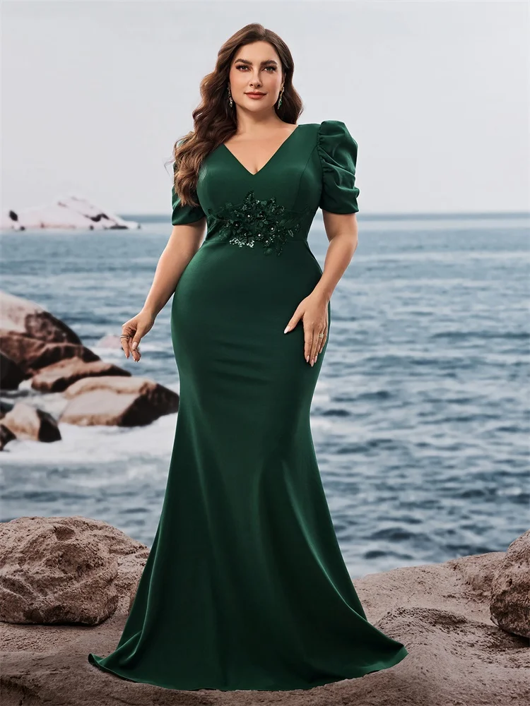 Plus Size Luxury Short Sleeve Applique Evening Dress For 2024 Elegant Long Green Wedding Party Prom Cocktail Gown