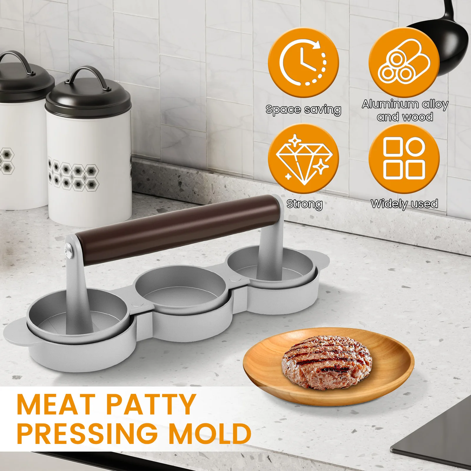 همبرغر باتي صانع الصحافة مع مقبض 3 تجويف قالب الفولاذ المقاوم للصدأ غير عصا قالب سمك تعديل المطبخ لحوم البقر أدوات شواء