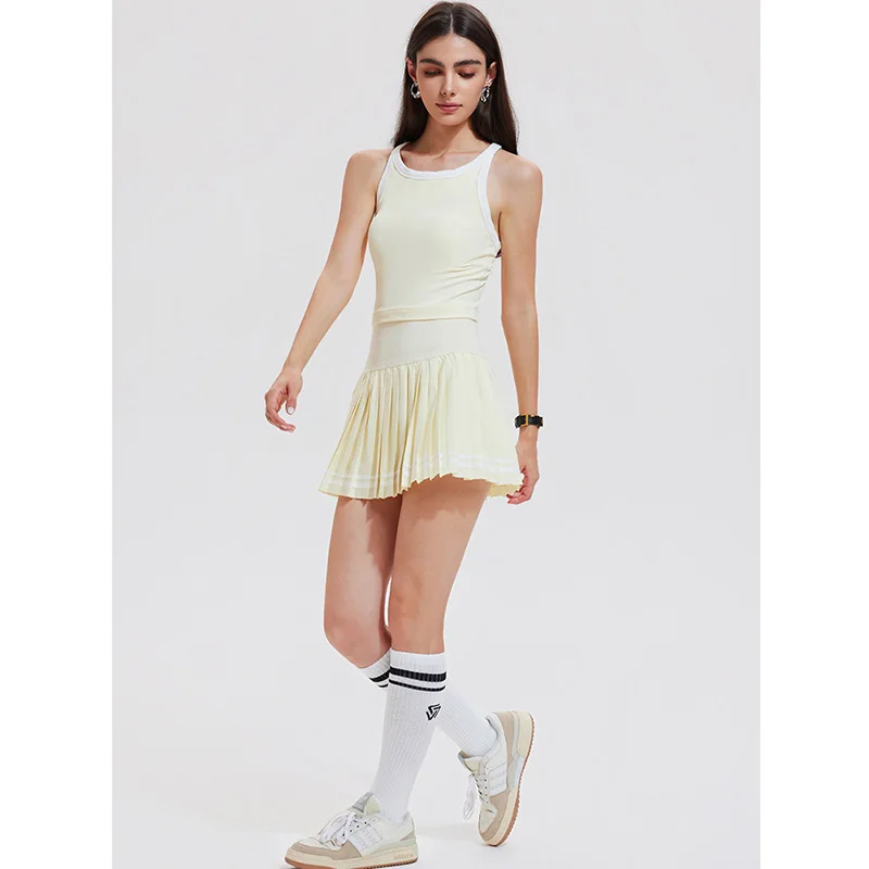 Summer Women's Tennis Sportswear Set With Integrated Shockproof Yoga Vest And Anti Glare Pleated Skirt