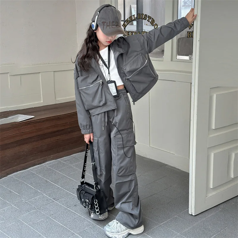 

Kids Girls Casual Outfit Spring Fall Big Pockets Desgin Grey Jacket Cargo Pants Two-Piece Set Trendy Loose Teen Children Clothes