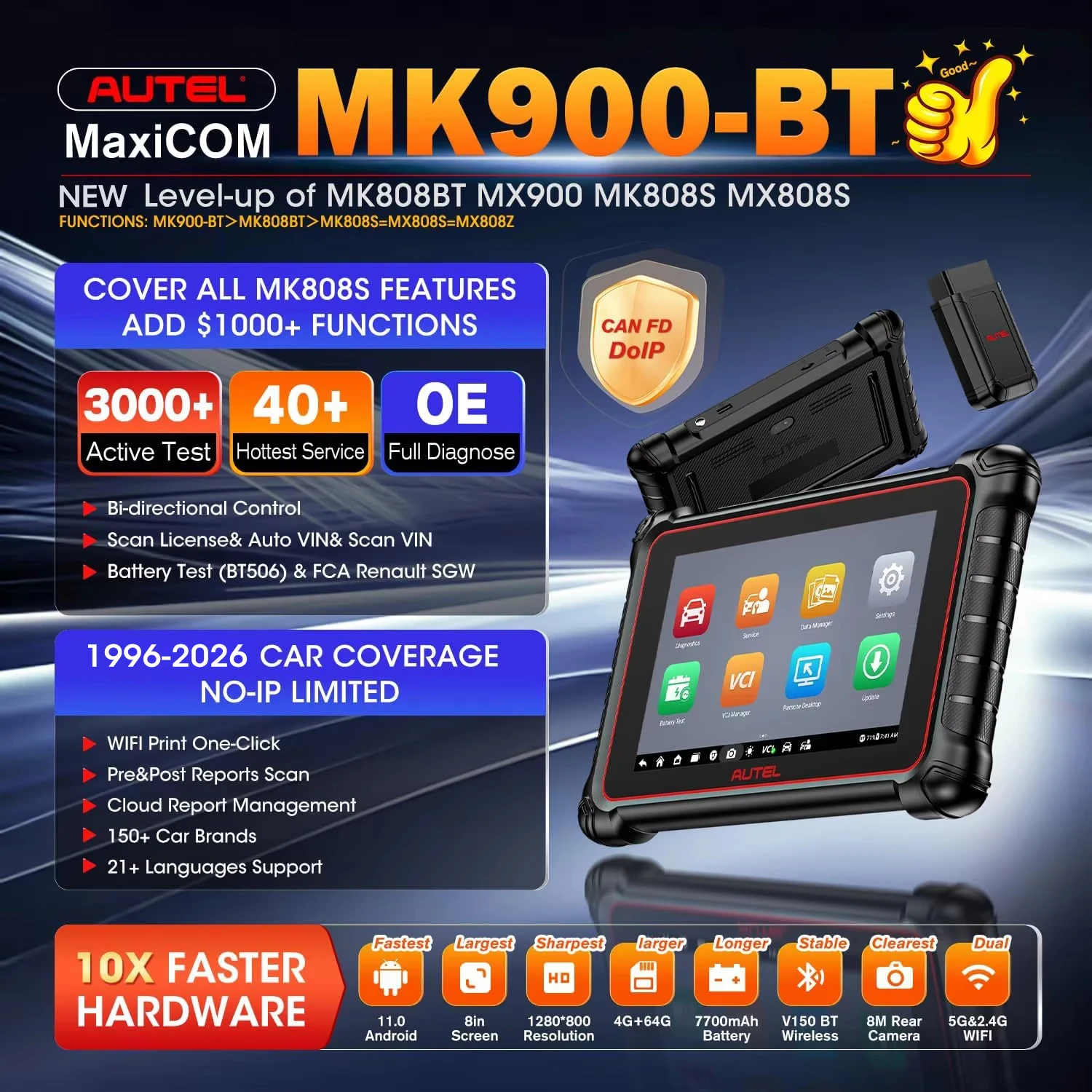 Autel MaxiCOM MK900 BT MK900BT 8 インチ車診断ツール 40+ サービス 