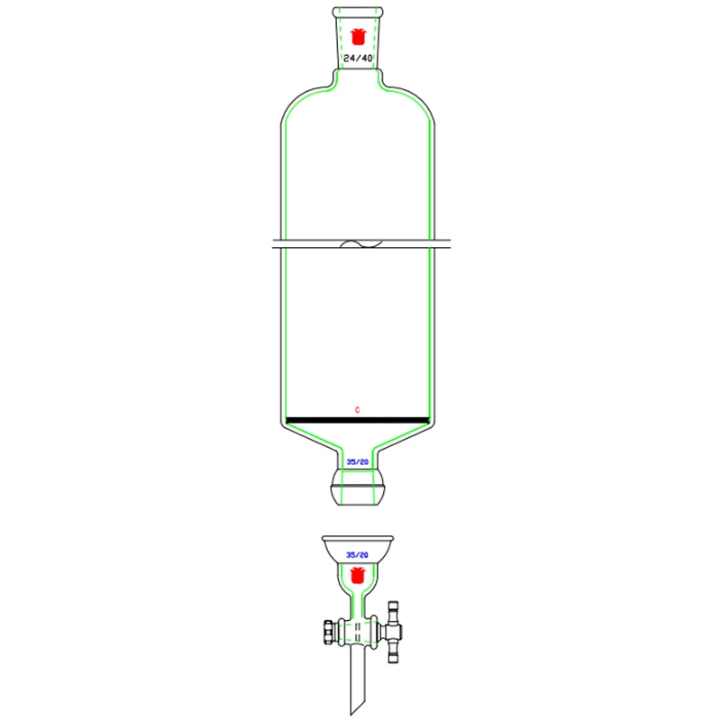 SYNTHWARE Flash chromatography column, Sand plate G2, 24/40 No hookup, 2mm PTFE valve aperture, Split 35/20 ball bowl joint, C18