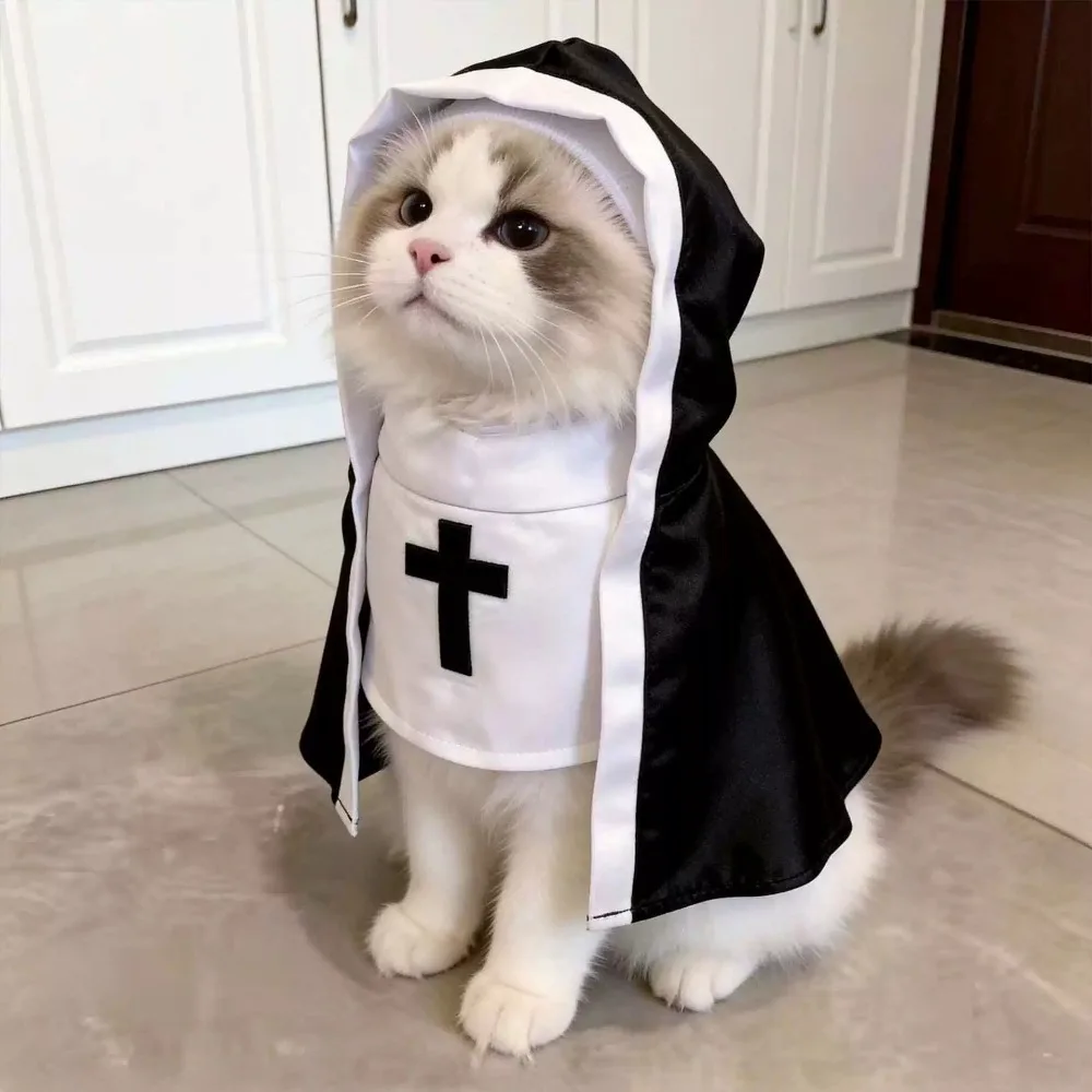 Halloween Cat Nun Costume Cross Print Polyester Breathable Kitty Clothes Funny Cute Dress Up Festival Party Pet Photography Prop