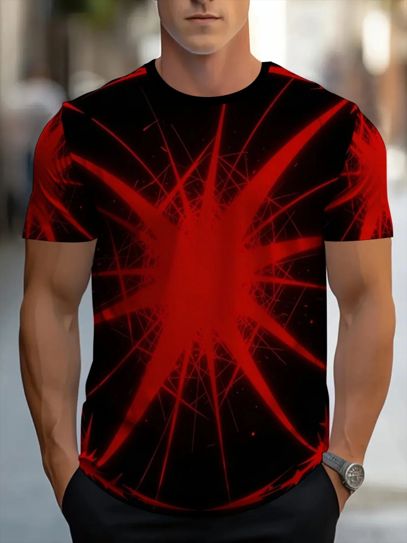Men Red Radial Line Abstract Print Crew Neck T Shirt Black Background Short Sleeve Street Casual Tops