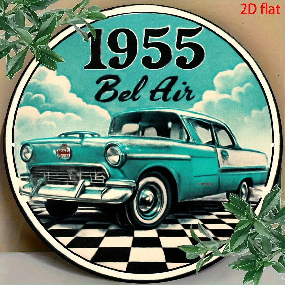 2D flaches 1-teiliges Set, „1955 klassischer Auto-Stil Kunstwerk“ Retro-Holzschild, rundes Schild, Holzdekoration, geeignet für Wände