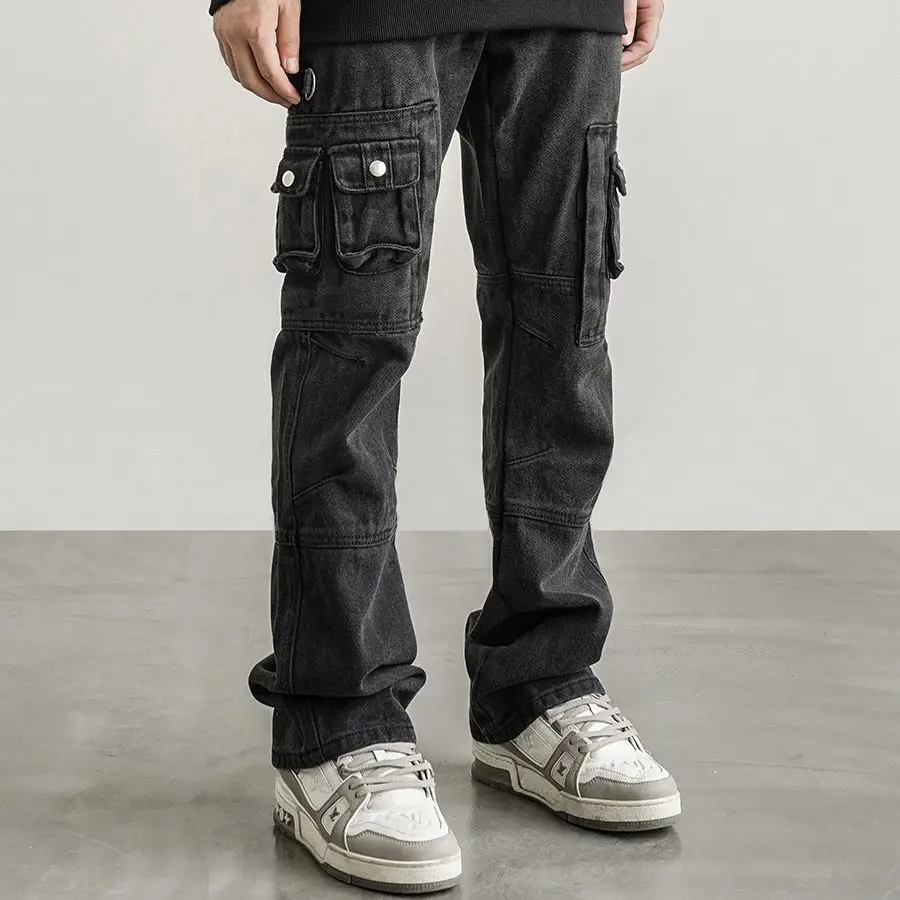 High Street Retro Multi Pocket Old Washable Workwear Pants for Men and Women High Street Loose Straight Tube Micro Flare Jeans