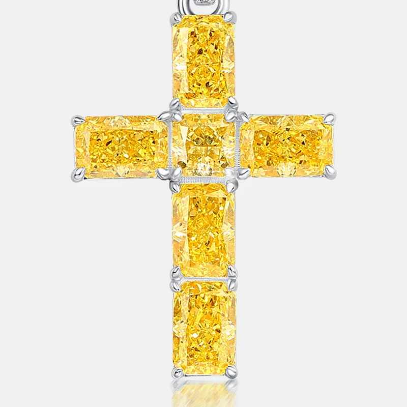 925 Sterling Silver Yellow Gemstone Cross Necklace for Women Sparkle CZ Diamond Pendant Christian Faith Jewelry Anniversary Gift