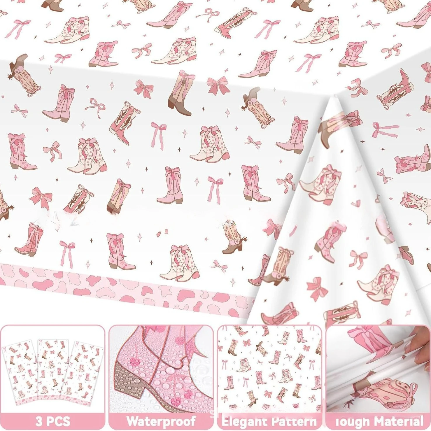 Rosa Schleife Cowgirl Geburtstag Tischdecke Stiefel Party Einweg-Tischware Tischdecke Babyparty Mädchen Partyzubehör Dekorationen – Detail 5