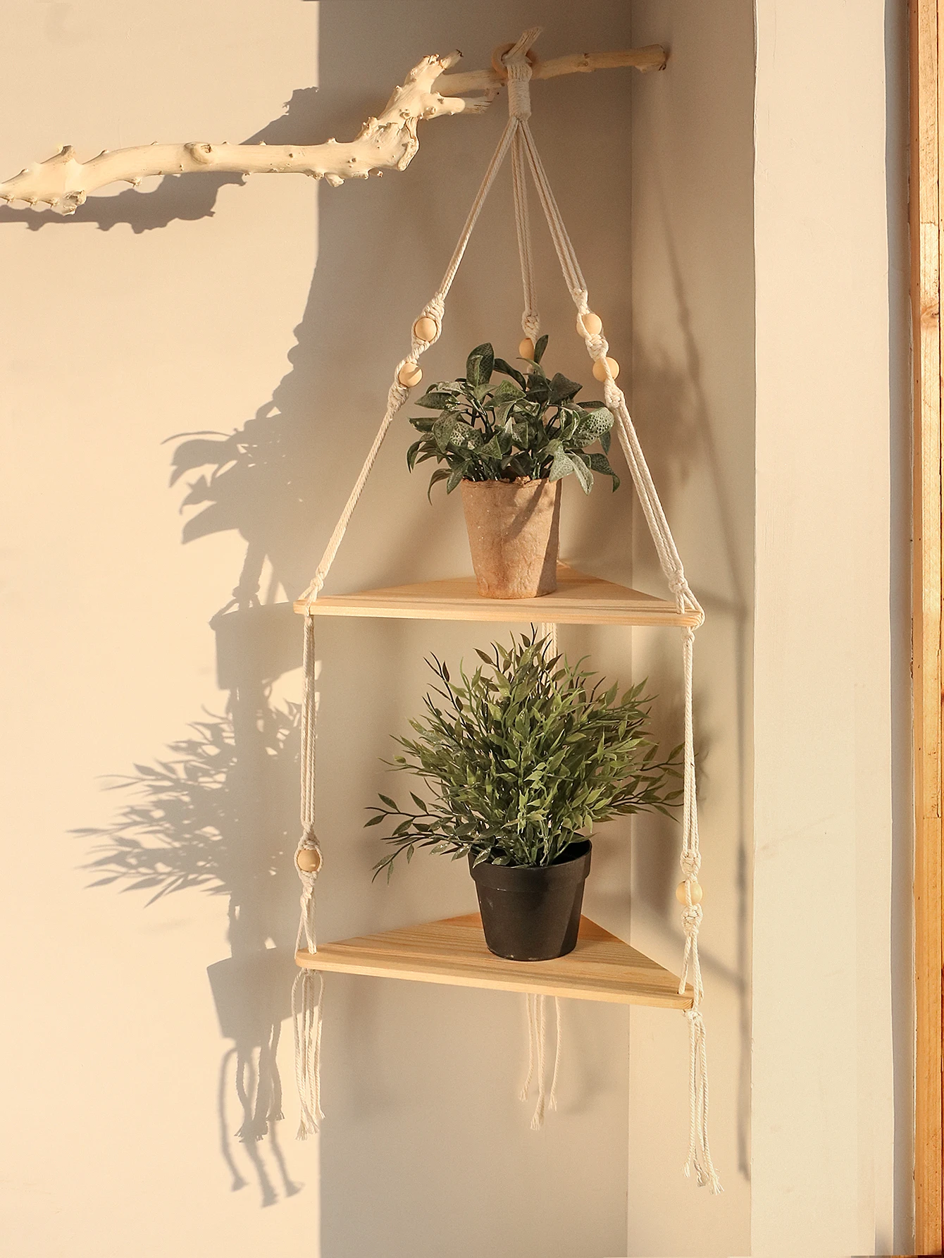 Wooden Corner Shelf Wall Decor Pot Storage Display Stand Macrame Floating Shelf Wall Organizer Boho
