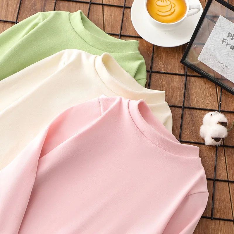 

1pcs Autumn Winter Children's T-Shirts Solid Color Warm Tops Kids Round Neck Long Sleeve Base Shirt Boys Girls Tshirts Clothes