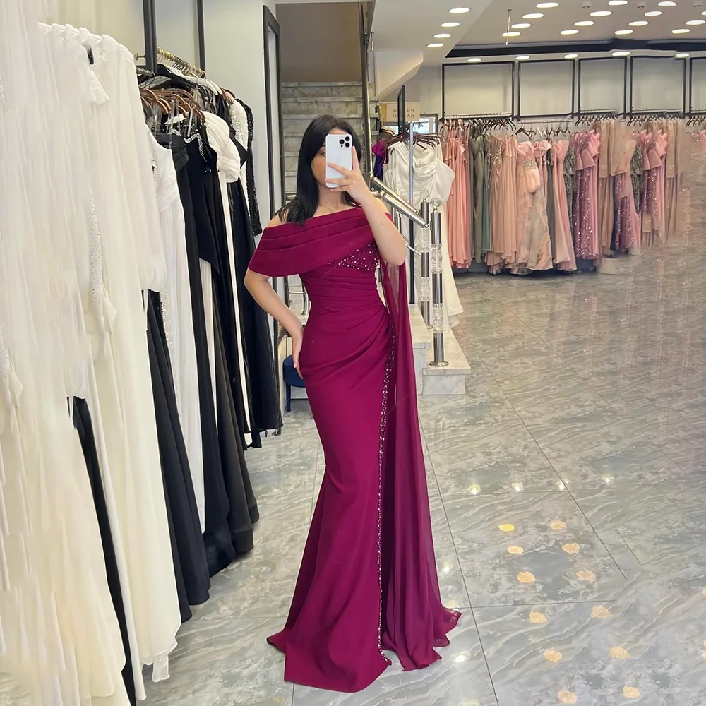 

Fuchsia Evening Dress for Women Off The Shoulder Pleat Mermaid Jersey Evening Gowns Bead Slit Long Formal Party Dress Customized