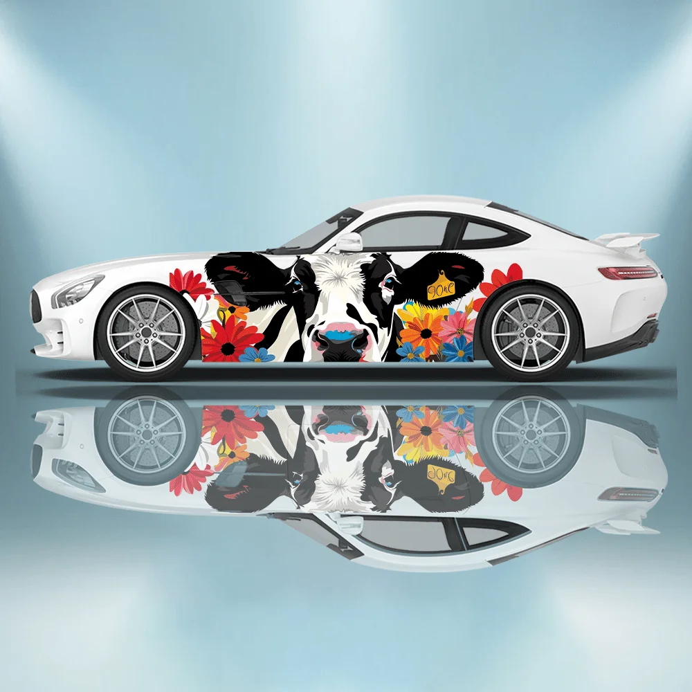 

Cow and Bright Flower Car Stickers; Full-body Floral Decoration Covering Scratches; Waterproof Car Stickers. Car Vinyl Wraps