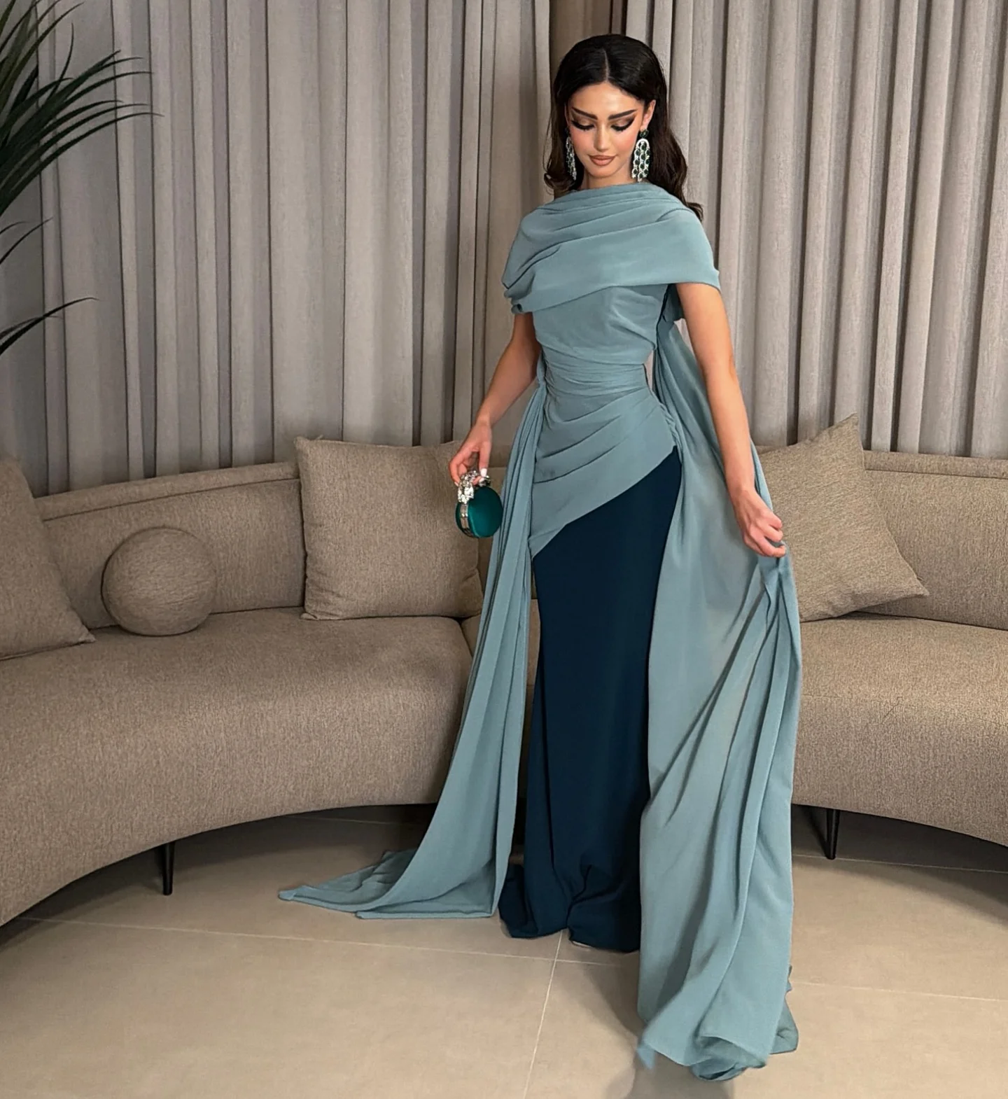 

Customized Blue Prom Dresses Temperament Evening Dress One Shoulder Cowl Neck Elegant Saudi Arabia Women's Ball Gown