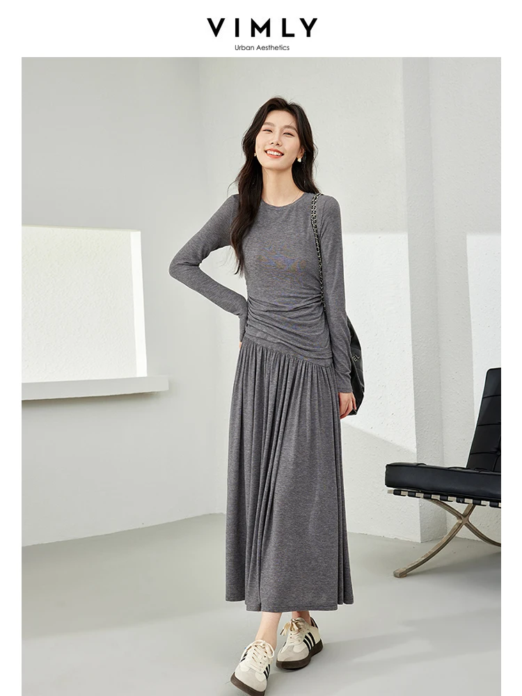 Vimly Spring Grey Skirt Set Women 2 Piece Outfits Shirring T-shirts Elastic Waist Maxi Skirt 2024 New in Matching Set M6120