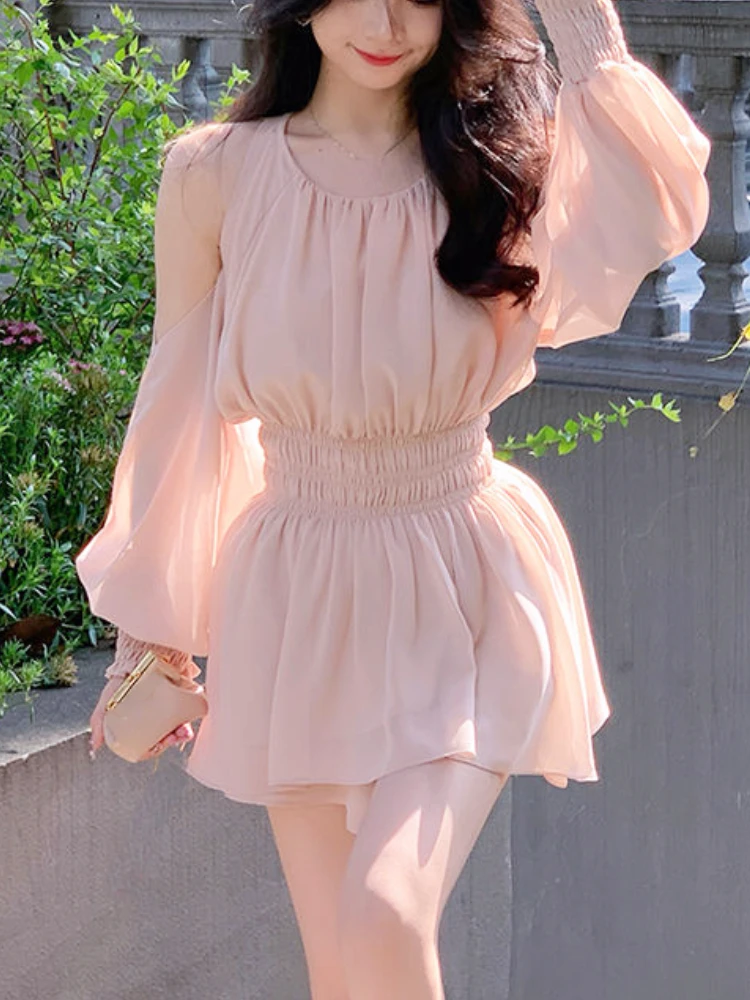 2023 Summer Pink Sweet 2 pezzi Dress Set donna manica lunga Retro camicetta + Y2k minigonna Office Lady coreano Fashion Suit Chiffon