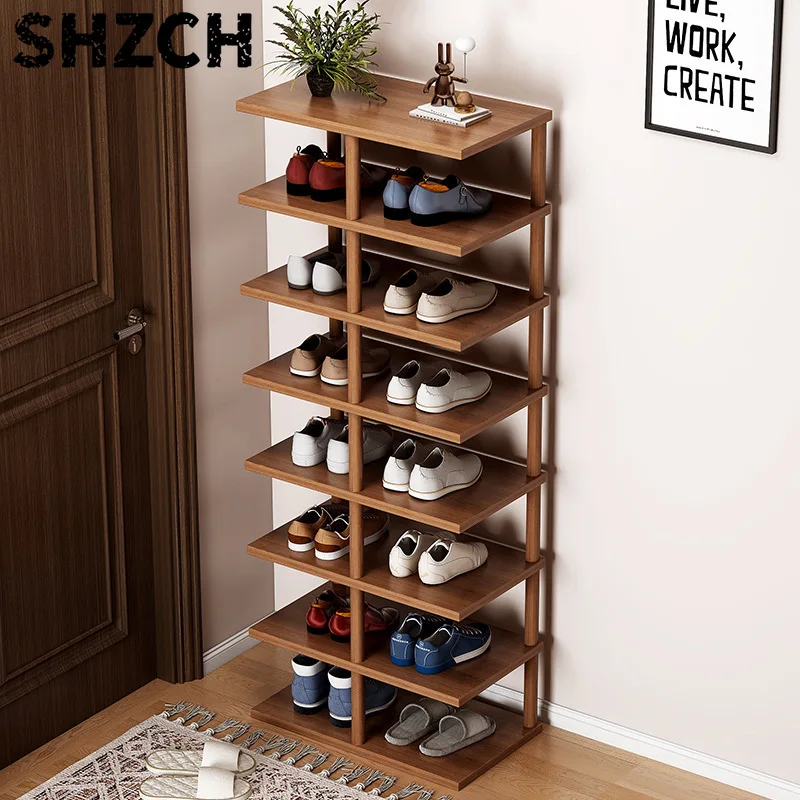 Shoe Rack Simple Door Small Narrow Storage Artifact Space Saving Rent Shoe Cabinet Solid Wood Legs