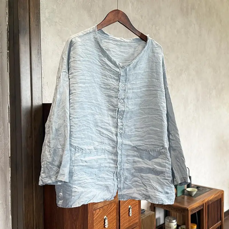 

New Spring Summer Arts Style Women Long Sleeve O-neck Loose Shirt High Quality Vintage Ramie Casual Blouse Female Tops B269