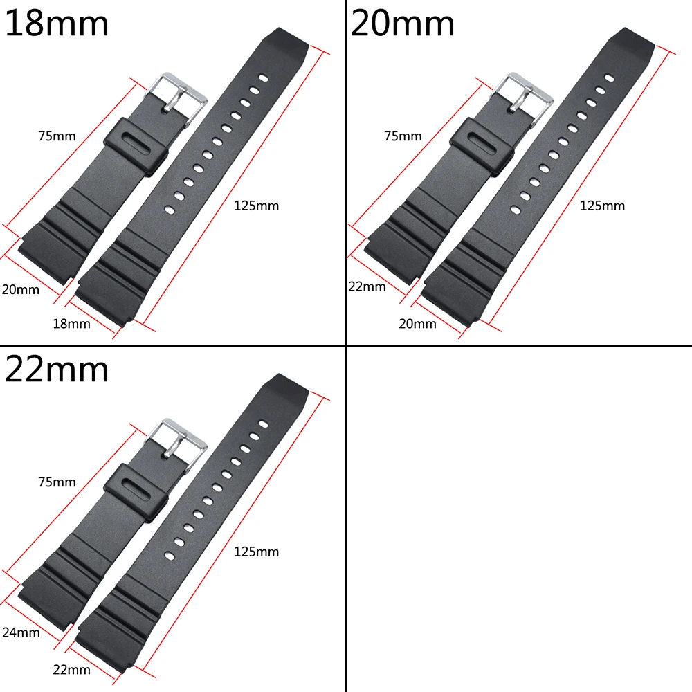 PU Watchband 18mm 20mm 22mm Men Black Sports Diving Watch Strap Silver Stainless Steel Buckle