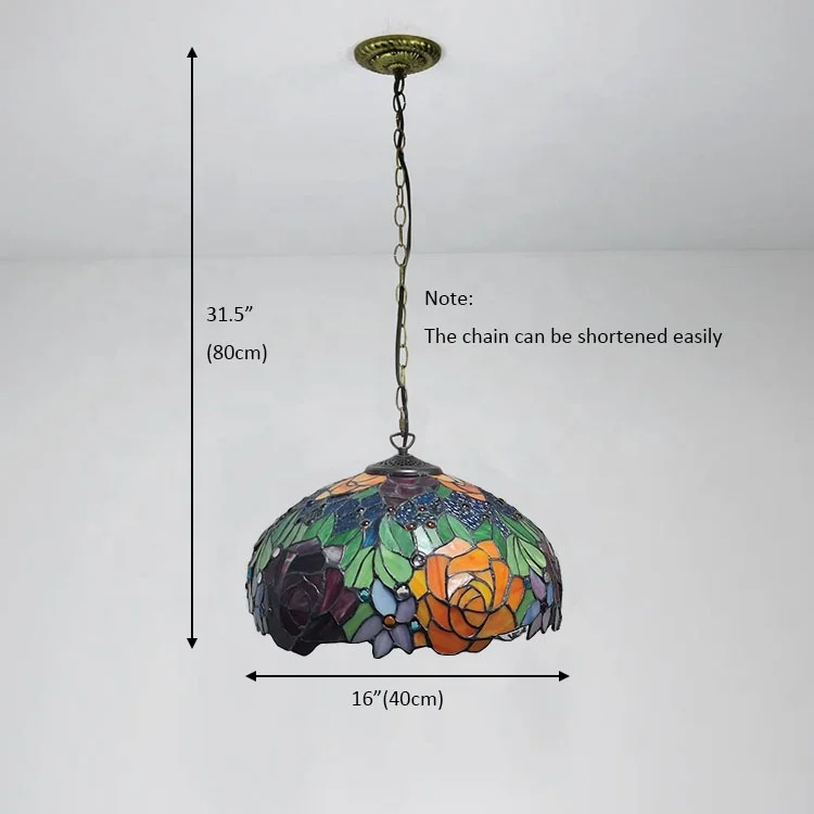 16-Inch Tiffany Style Hanging Pendant Lamps with Rose Design Stained Glass Lamp Ceiling Light for Home Decor