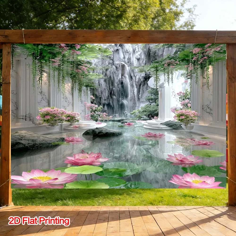 Waterfall Garden Mural Tapestry Curtain Polyester Lotus Floral Home Decor Bathroom Living Room Art Print
